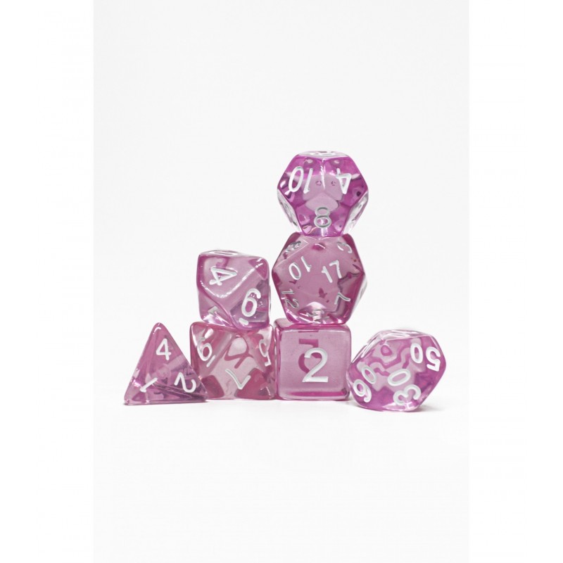 Set de dados Pack 7 Dados Rol Transparente Chicle Y Blanco para juegos de mesa y rol