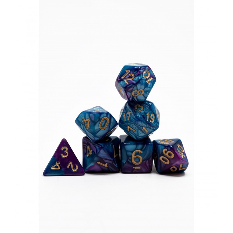 Set de dados Pack 7 Dados Rol Marmoleado Azul Morado Y Amarillo para juegos de mesa y rol