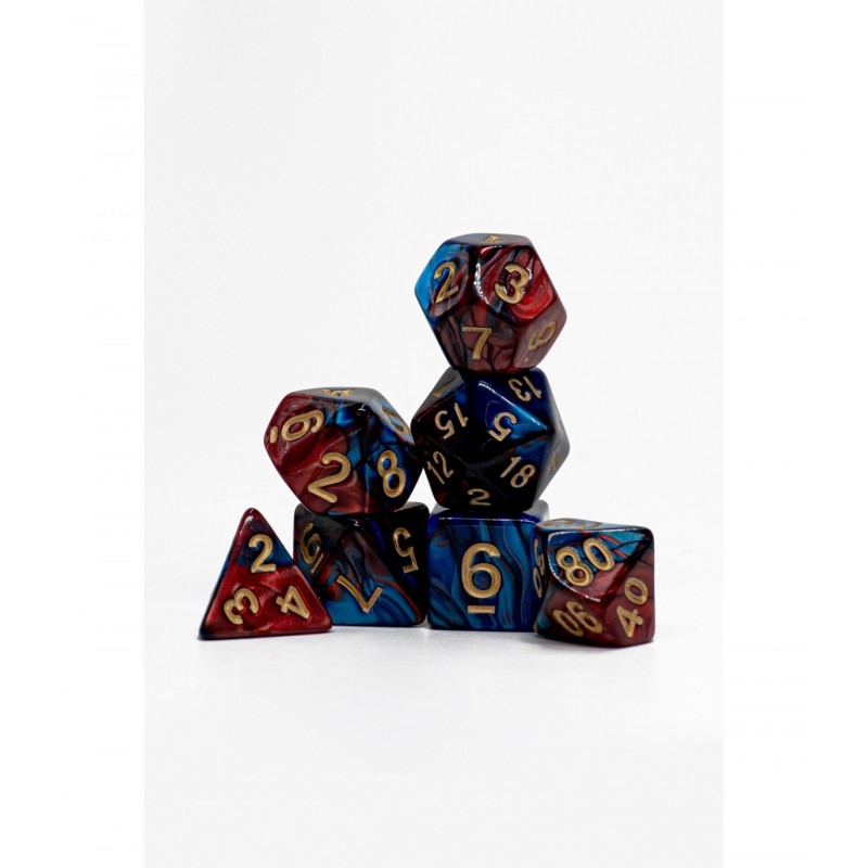 Set de dados Pack 7 Dados Rol Marmoleado Rojo Azul Y Amarillo para juegos de mesa y rol