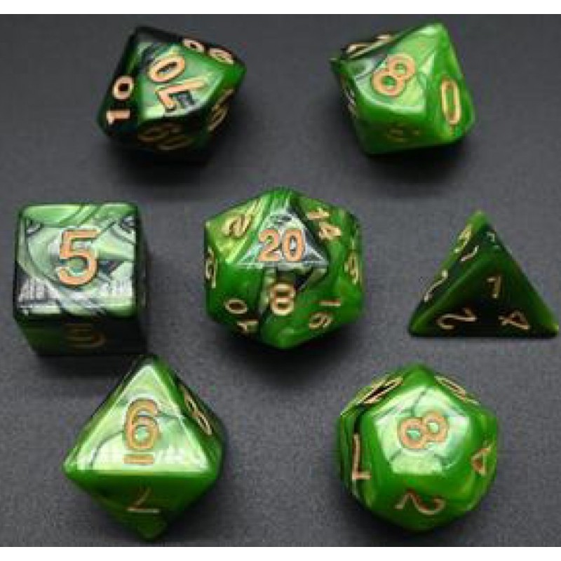 Set de dados Pack 7 Dados Rol Marmoleado Amarillo Verdoso Negro Y Amarillo para juegos de mesa y rol