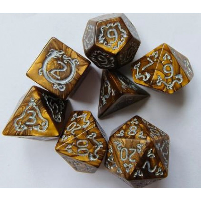 Set de dados Pack 7 Dados Rol Hechizados Oro Y Gris para juegos de mesa y rol