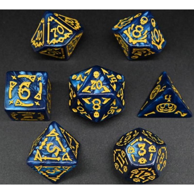 Set de dados Pack 7 Dados Rol Hechizados Azul Real Y Amarillo para juegos de mesa y rol